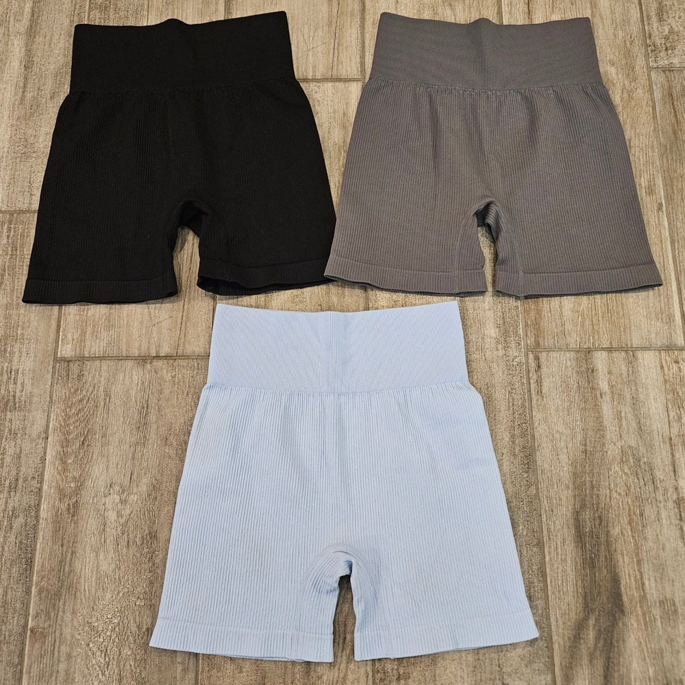 OQQ‎ Womens Seamless Ribbed Biker Shorts Lot of 3 High Waist Workout Gym Stretch